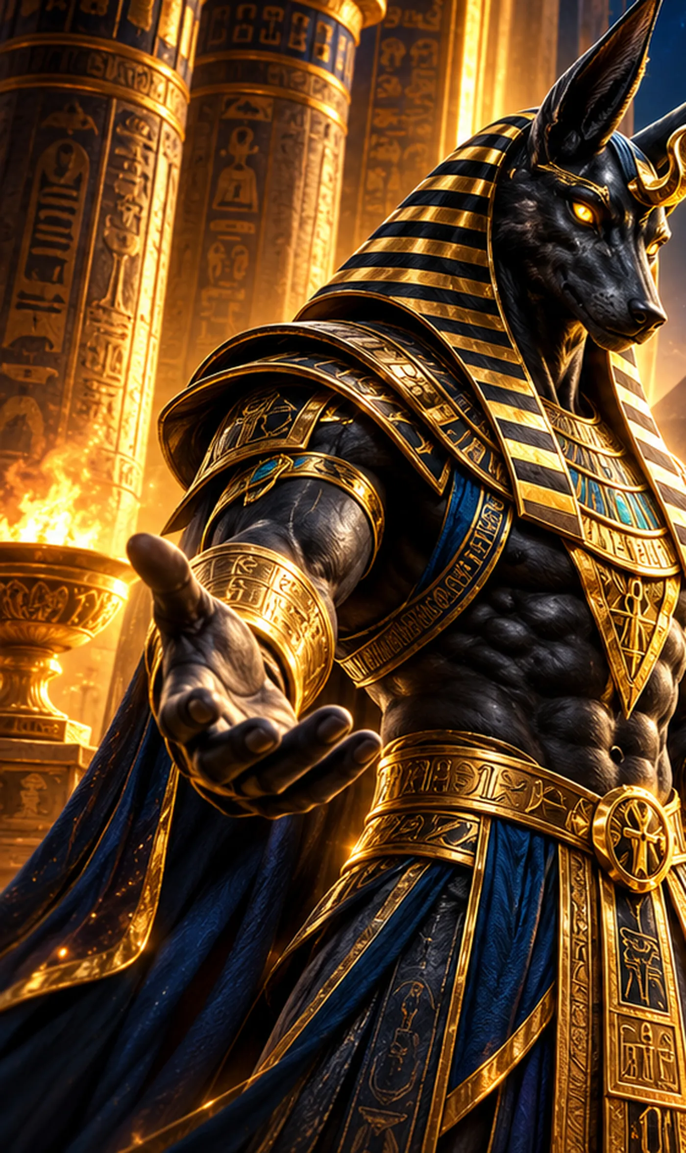 Jackal-headed Anubis in gold armour holding out his hand beside a torch-lit column