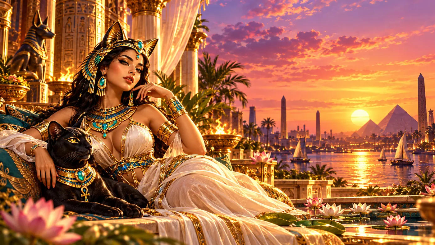 Woman in a cat-eared headdress reclining with a black cat on a lotus balcony at sunset