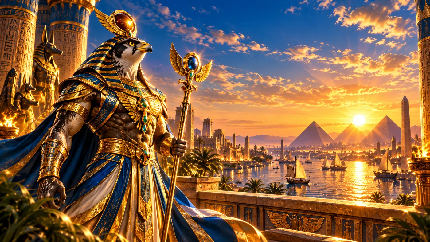 Golden-armoured falcon god watching boats on the Nile at dusk, artwork for the UK edition of this review