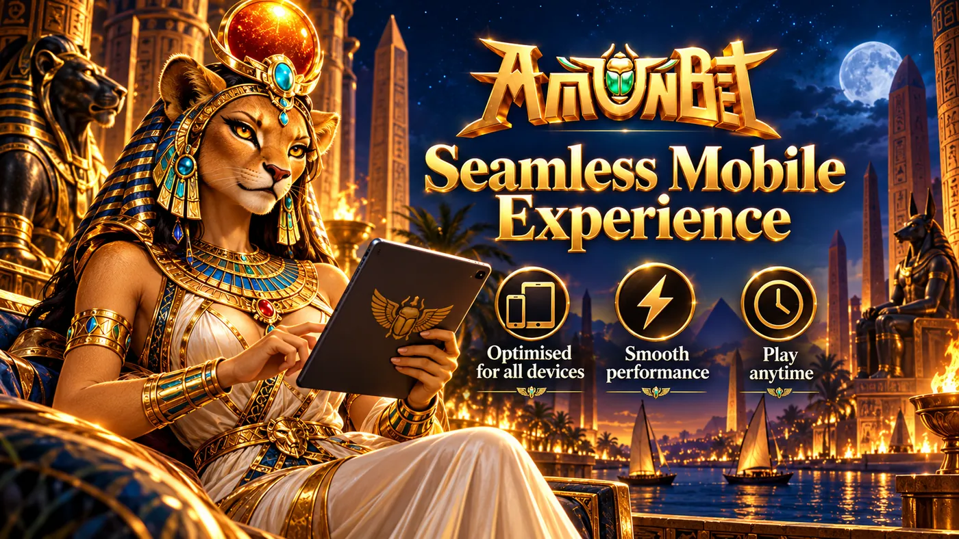 Lioness goddess with a tablet under a full moon, captioned Seamless Mobile Experience