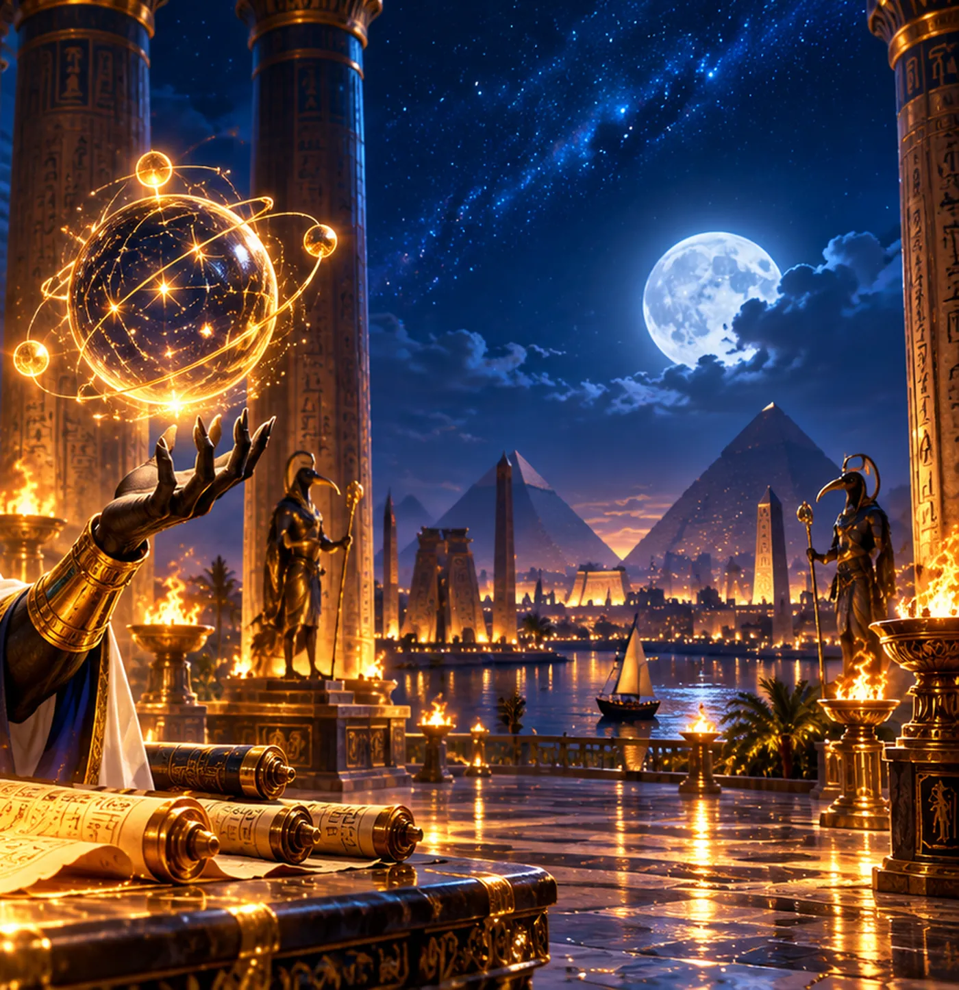 Full moon over pyramids and a lantern-lit harbour seen through temple columns