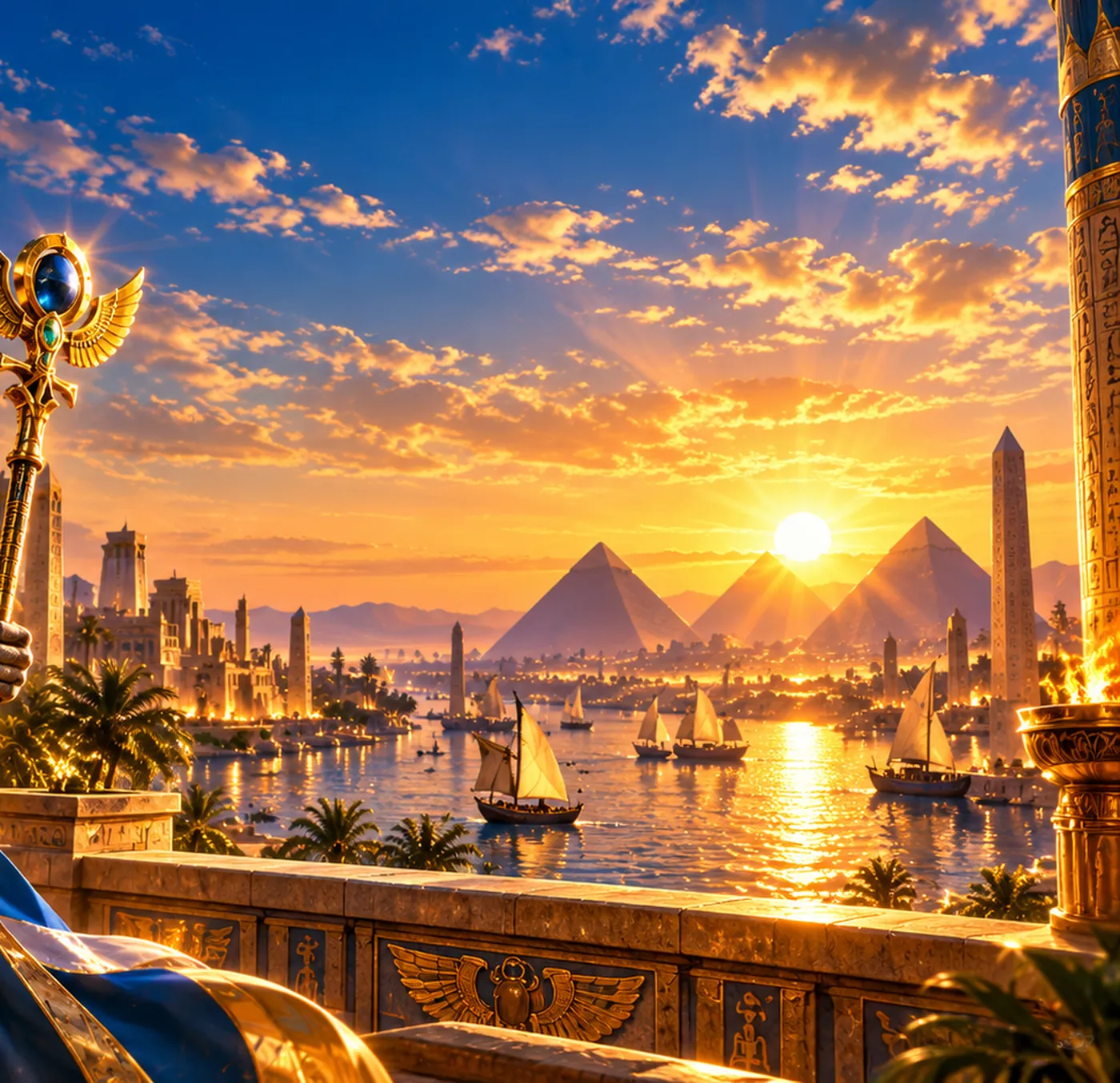 Sailboats crossing a calm Nile at sunset with pyramids and an obelisk on the far bank