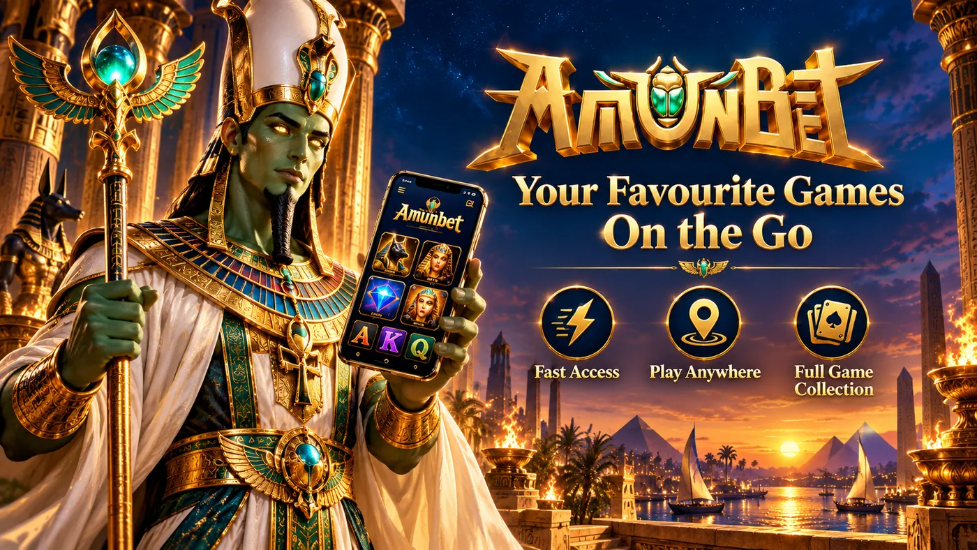 Pharaoh in a white crown holding a smartphone, with icons for fast access, play anywhere and full game collection
