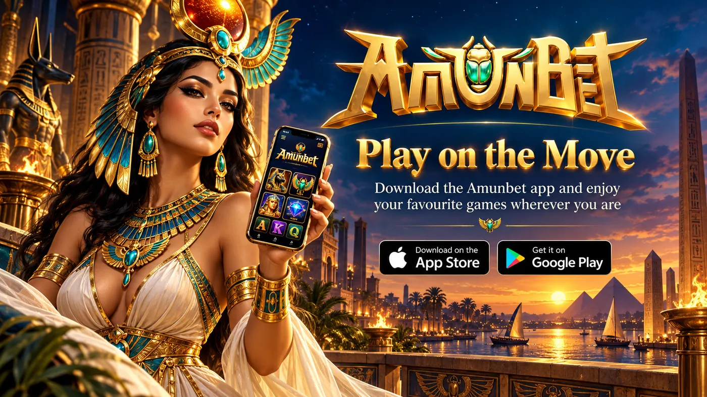 Egyptian queen with a phone showing Amunbet, captioned Play on the Move with App Store and Google Play badges