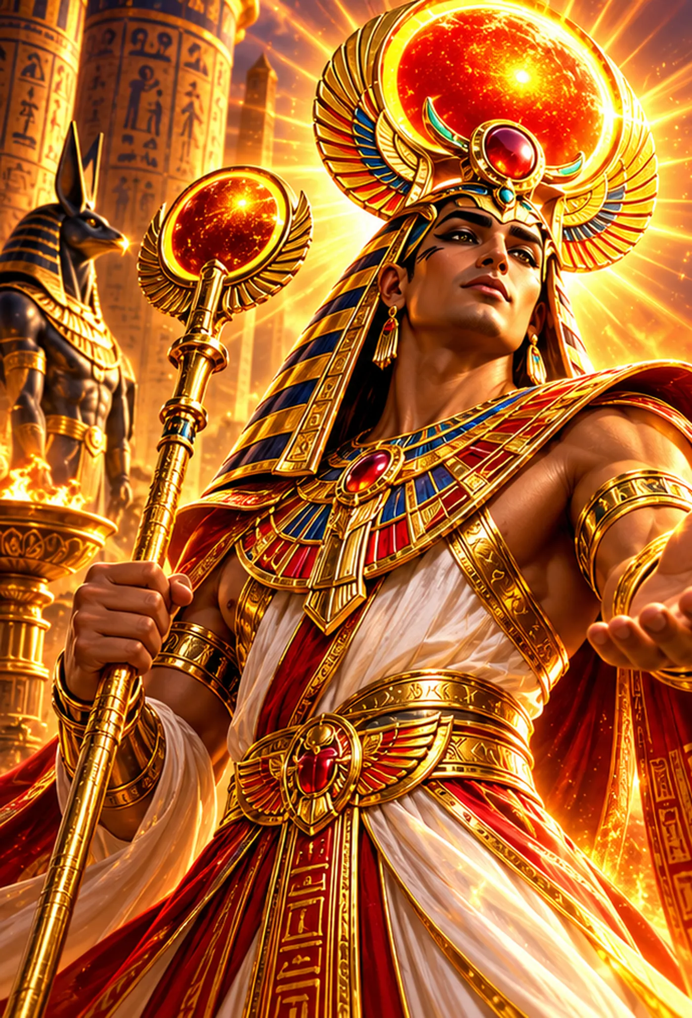 Sun god in a red cloak with a blazing disc crown, stretching out a hand in welcome
