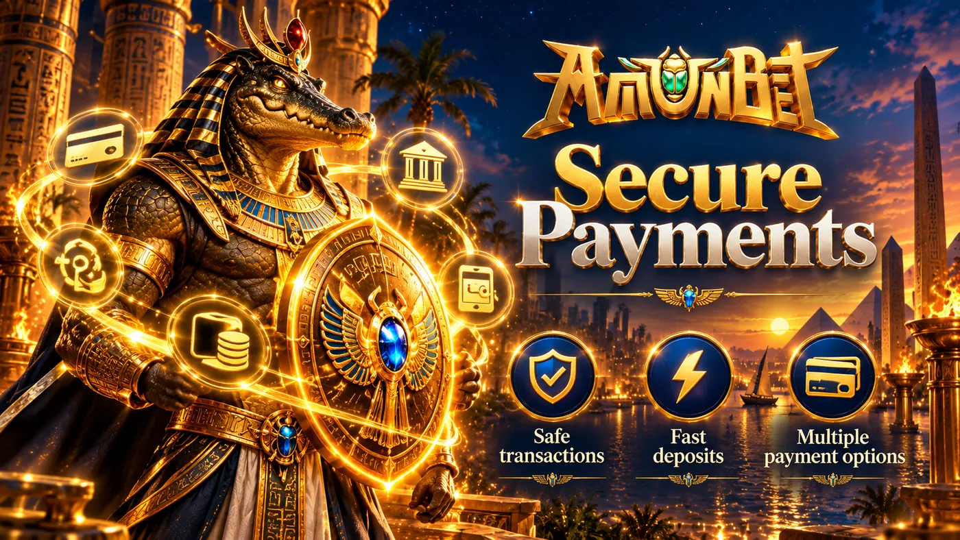 Crocodile god Sobek with a winged shield and glowing payment icons, captioned Secure Payments